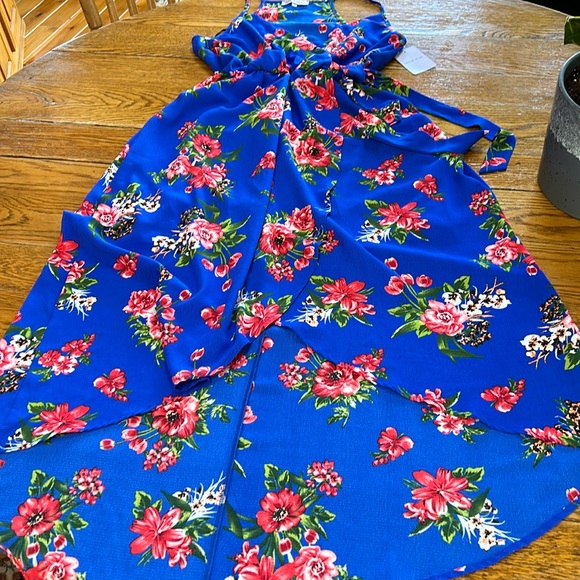 Dream of Me tropical floral dress.  Size Large. Blue and red. Hi low hemline. - Picture 1 of 13
